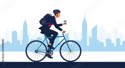 A businessman in a suit rides a bicycle with a backpack and coffee in the city.