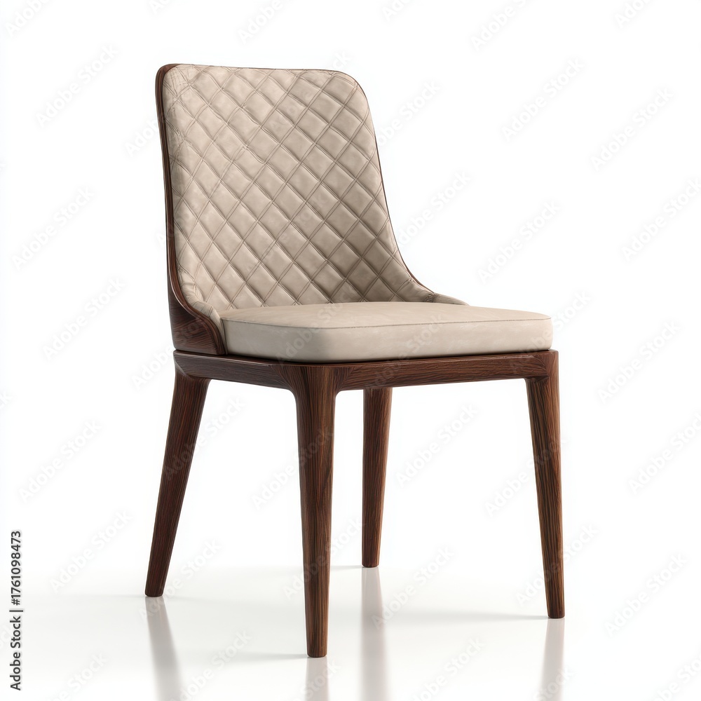 Obraz premium A stylish modern dining chair featuring a quilted light beige upholstery and elegant wooden legs, isolated against a clean white background, exuding sophistication and comfort.