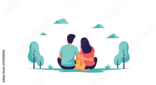 A couple sitting in a park enjoying each other's company with a dog.