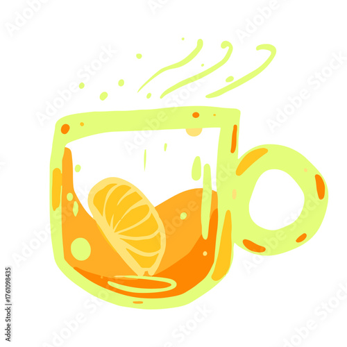 Vector illustration of a cup of hot tea with lemon. Hand drawn warm drink isolated on white background.