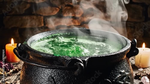 A witch's magical cauldron is brewing a bubbling, glowing green poison or potion, with heavy smoke rising in a dark and mysterious sorcerer's lair.