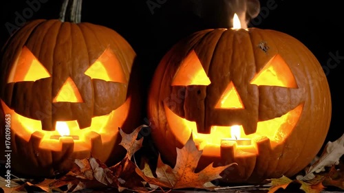 A group of traditional, carved Halloween pumpkins with candles inside are arranged together, their spooky, smiling faces flickering and glowing ominously in the pitch black night.