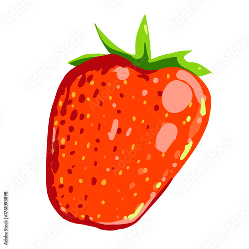 Vector illustration of a ripe strawberry with green leaves. Hand drawn juicy red berry isolated on white background.