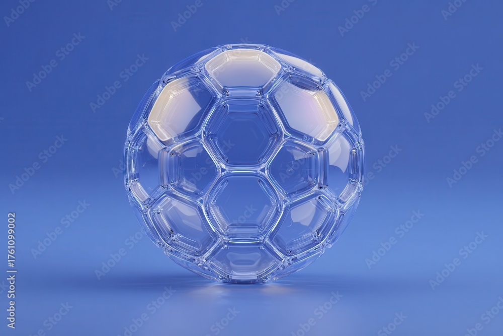 Naklejka premium A crystal-clear glass soccer ball features a hexagonal pattern against a vibrant blue background. Abstract geometric shapes inside enhance its minimalistic design