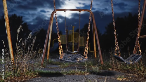 A haunted and eerie scene in an empty playground after dark, where a single swing creaks back and forth as if pushed by an invisible ghost.