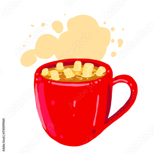 Vector illustration of a red cup with hot cocoa and marshmallows. Hand drawn warm winter drink isolated on white background.