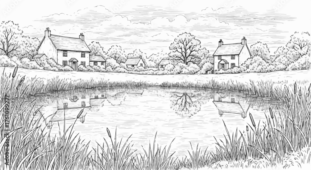 Fototapeta premium Reflective Village Pond with Cottages Line Drawing
