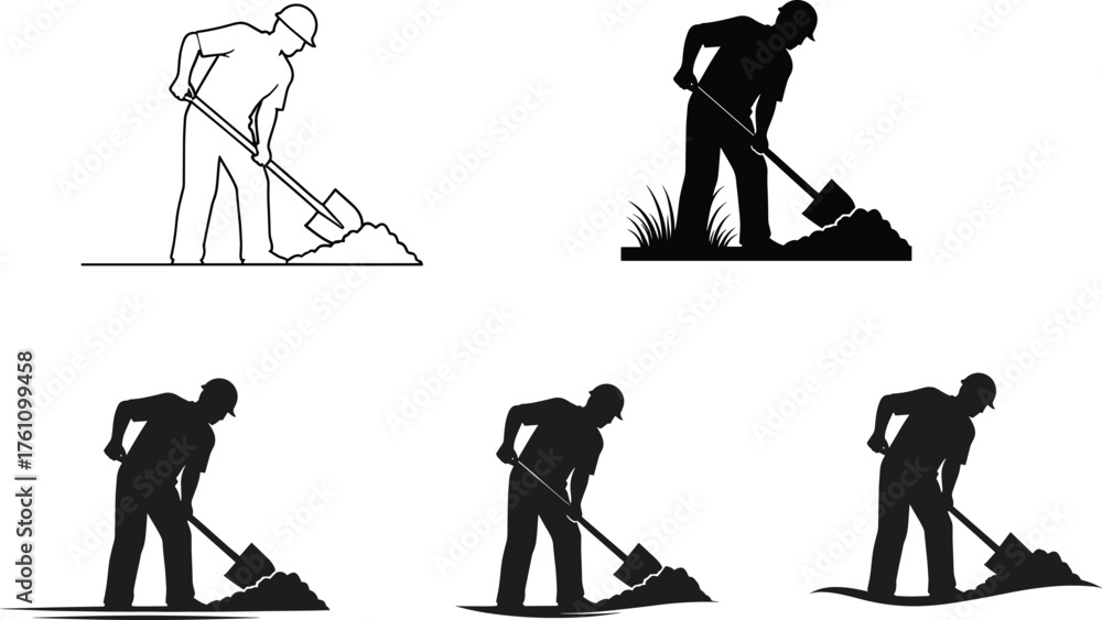 Obraz premium Construction worker silhouette, digging with shovel, manual labor posture, safety helmet, industrial task, black graphic, soil excavation, landscaping work, flat vector