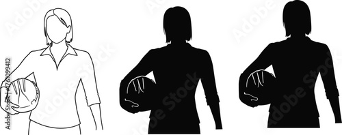 Basketball player silhouette, holding ball posture, sports athlete illustration, fitness concept, training graphic, black outline, athletic figure, competitive game, flat vector