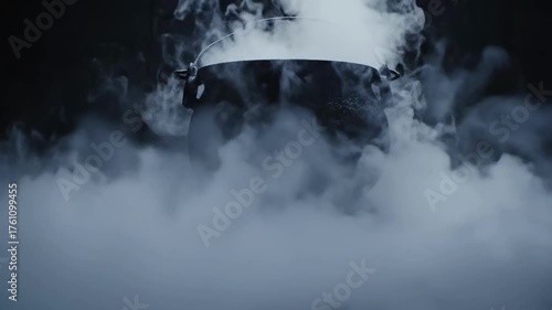 A classic witch's cauldron is filled with dry ice, creating a dense, spooky, and continuous rolling fog effect perfect for a haunted house or Halloween party.