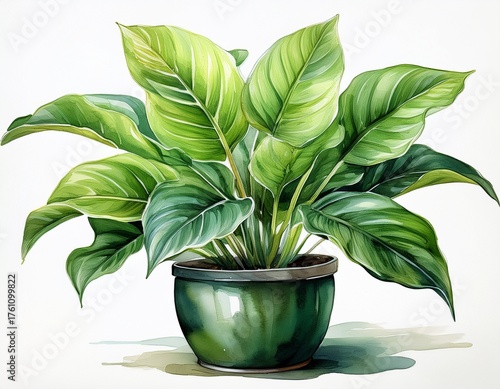 green potted plant with large leaves illustrated in watercolor style on a white background