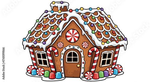 Gingerbread house decorated with frosting roof and chocolate doors with festive and cozy mood, vivid vector illustration with bright tones, bold clean lines, and minimalistic white background