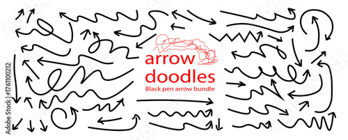 A diverse collection of hand-drawn black doodle arrows pointing in various directions. Vector illustration set isolated on a white background for design projects