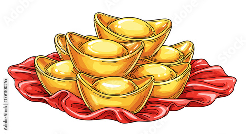 Gold ingot pile on festive red silk fabric with prosperous and celebratory mood, vector illustration with clean ink outlines, vibrant watercolor shading
