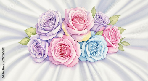 Colorful roses bouquet on white silk bedspread with delicate and dreamy mood, watercolor illustration in pastel pink, lavender, and baby blue tones