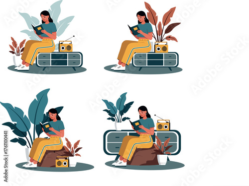 Woman relaxing with book and radio amidst lush greenery and indoor plants.