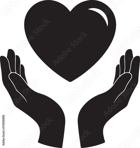 Black Silhouette of Open Hands Holding a Heart Shape on a White Background love care also transparent background