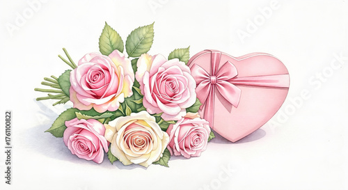 Pink roses bouquet with heart-shaped gift box with romantic and delicate mood, watercolor painting in soft pastel colors with gentle lighting and fine brush texture, against white background