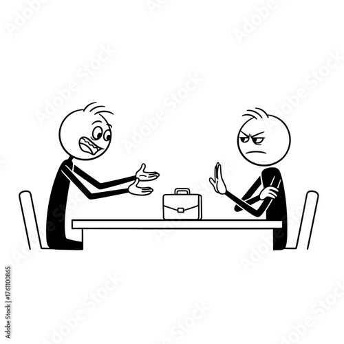 One stick figure tries to bribe another at a table in black and white  