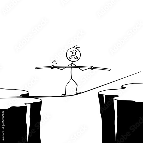 Stick figure balancing on a tightrope over a canyon looking scared  