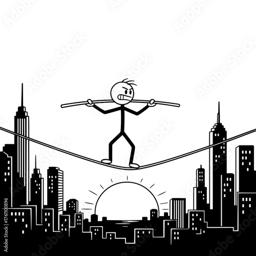 Stick figure balancing on tightrope above city skyline at sunset  