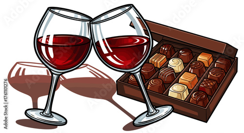 Wine glasses clinking beside box of chocolates with romantic and celebratory mood, stylized vector drawing with expressive color choices, against white background