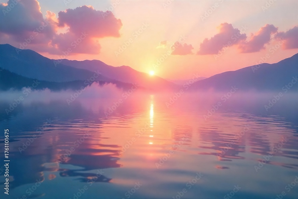 Fototapeta premium Serene Sunrise Over Calm Water Pastel Colors Reflecting Tranquility and Wellbeing, Ideal for Wellness and Mindfulness