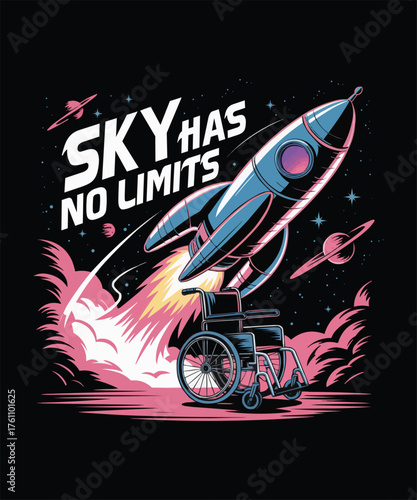 A rocket ship launching with a wheelchair symbolizing limitless possibilities