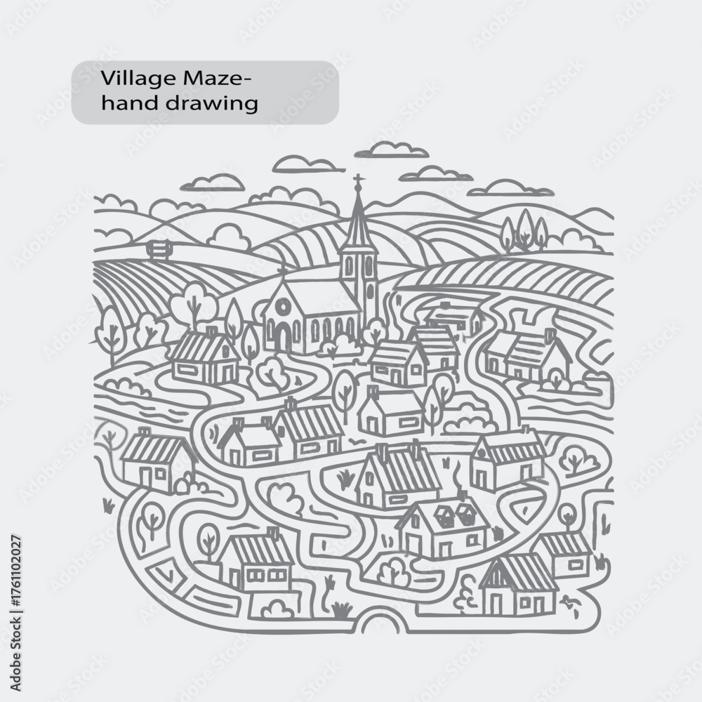 Naklejka premium Charming village maze hand drawn landscape with winding paths and countryside scenery vector
