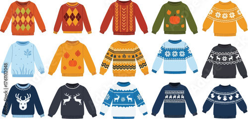 Collection of festive christmas sweaters with fun patterns and winter themes for the holidays flat design vector illustration isolated on transparent background