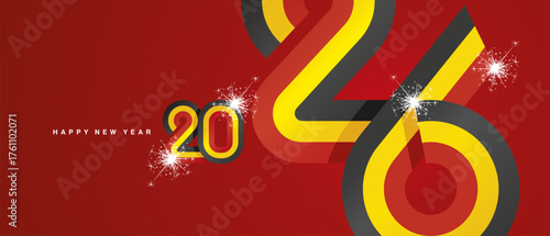 Happy New Year 2026. Combination of small and large typography in the shape of a Belgium ribbon for the year 2026. Abstract black yellow red ribbon flag with sparkling fireworks on a red background