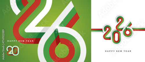 Happy New Year 2026. Combination of small and large typography in the shape of a Bulgaria ribbon for the year 2026. Abstract white green red ribbon flag sparkling fireworks on a green white background