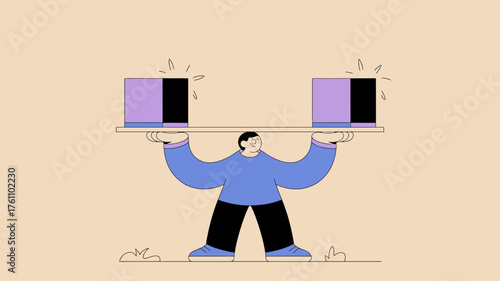 A person balancing two identical purple boxes on a scale representing balance and comparison in decision making