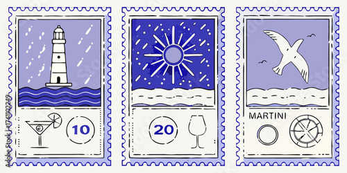 Nautical themed stamps featuring lighthouse sun and seagull with martini and drink icons