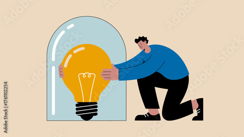 Man carefully places a glowing yellow lightbulb inside a protective glass dome symbolizing innovation and safeguarding ideas