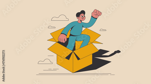 Energetic man in blue clothes joyfully emerging from a large open yellow cardboard box with a wave