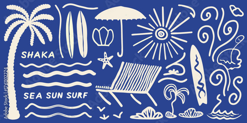Collection of hand drawn beach and surf elements including palm trees surfboards sun waves and beach chair