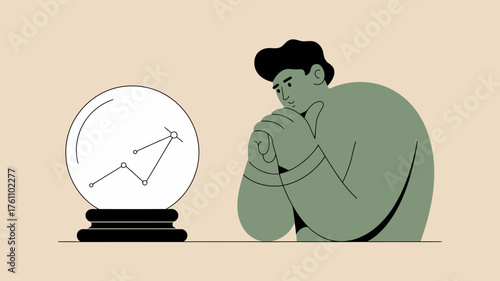 Man thoughtfully gazing into a crystal ball displaying a rising stock market graph with upward trend