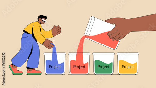 Illustration of a person pouring liquids into different containers representing a process of mixing or sorting
