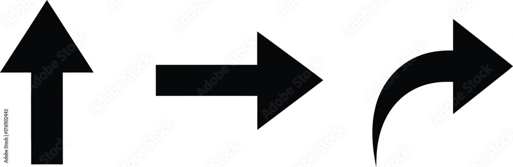 Fototapeta premium Set of three black arrows pointing up right and curved right directional symbols flat design vector illustration isolated on transparent background