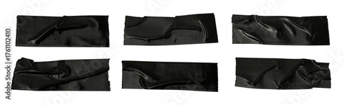 Set of different black sticky tapes isolated on a white background, black paper adhesive tape strips of various sizes on a transparent background.