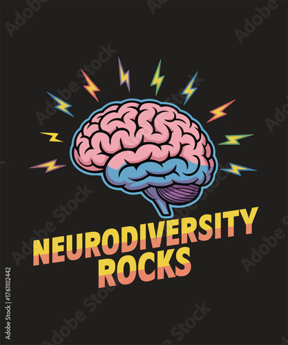 Colorful illustration of a human brain with neurodiversity text and lightning bolts