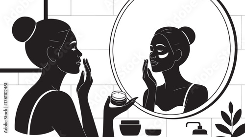 Elegant Woman Beauty Routine Silhouette Applying Cream in Bathroom with Mirror Reflection