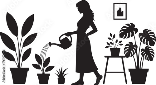 Houseplant Care Silhouette Woman Watering Potted Plants Indoor Gardening Greenery Cultivation Hobby