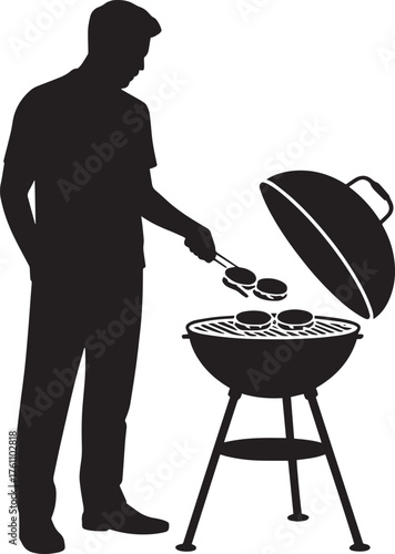 Isolated Silhouette Vector Illustration of Man Grilling Burgers on Outdoor Barbecue