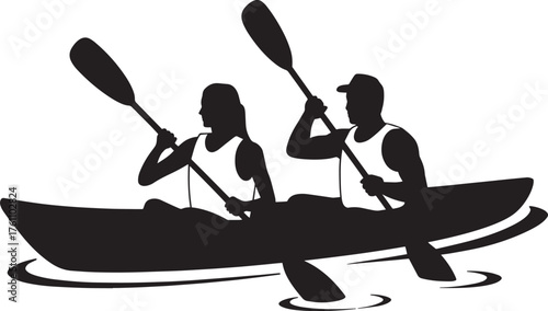 Kayaking Duo Silhouette Paddling in Tandem Kayak Sporty Aquatic Adventure Vector