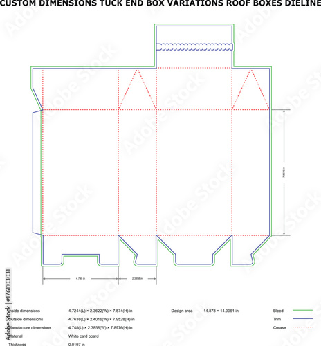 Roof Box Tuck End Dieline ,Custom Packaging Template with Fold, Trim, and Crease Guides
