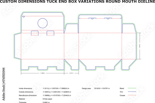 Round Mouth Box Dieline ,Custom Tuck End Packaging Template with Fold, Trim, and Crease Guides