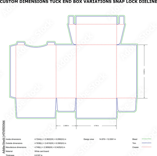 Snap Lock Box Dieline ,Custom Tuck End Packaging Template with Fold, Trim, and Crease Lines