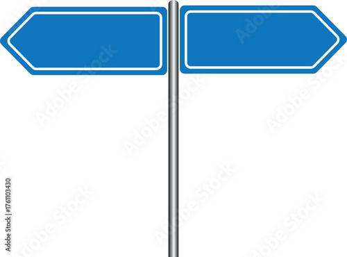 Two blank blue directional road signs on a metal post indicating choices vector